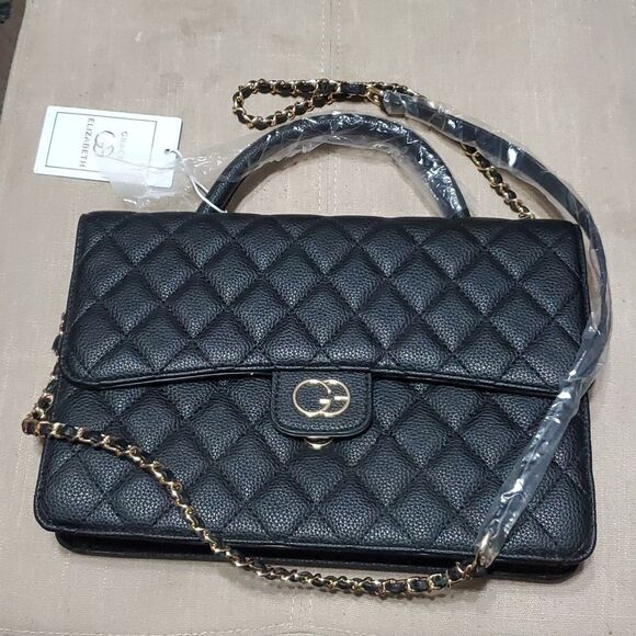 GRACE ELIZABETH Black Handbag Cross Body Purse / Gold Metal Cross Body Strap New - Picture 1 of 9